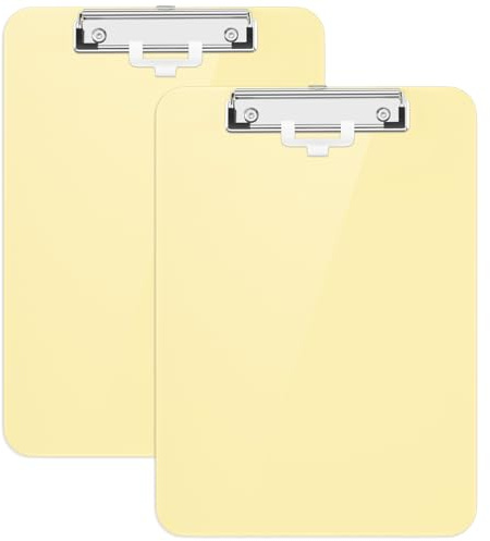 Hnogri plastklämbräda uppsättning av 2, standard A4 bokstavsstorlek klämbrädor för studenter, kontor och kvinnor, urklipp med pennhållare och låg profilklämma, storlek 30 x 22 cm, (gul)