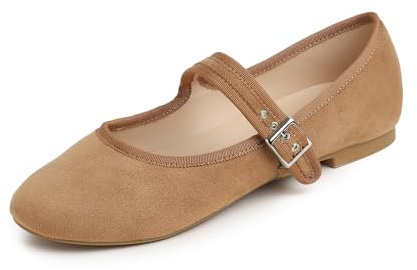 Feversole Velvet Mary Jane halvskor, platta fritidsdansskor, kamel päls mocka, 40 EU