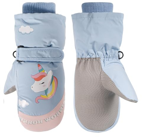 Jupsk Toddler Winter Ski Gloves Waterproof Snowboard Mittens Anti Slip Plush Thermal Warm Unicorn Gloves for Kids Children Girls Boys 3-6 Years (Blue)