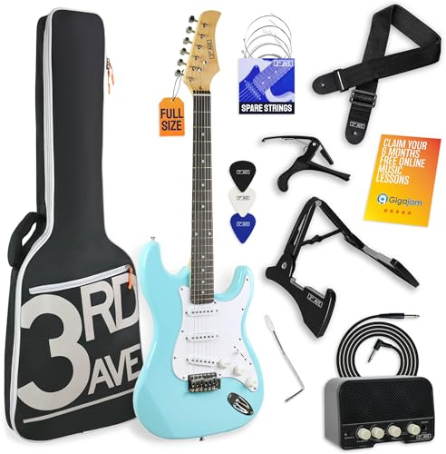 3rd Avenue Full Size 4/4 Electric Guitar Pastel Blue with Amp, Cable, Stand, Padded Bag, Strap, Spare Strings, Picks, Capo, Whammy Bar, Online Lessons – Light Blue