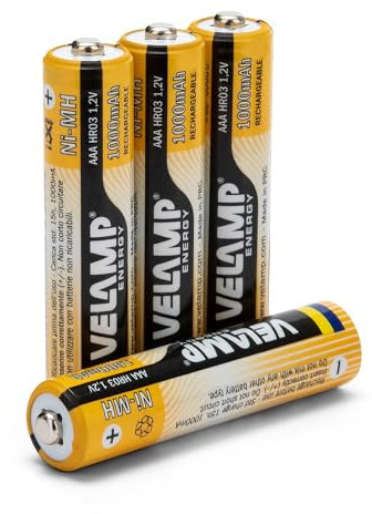 VELAMP HR03/4BP Batterie Ricaricabili Mini Stilo AAA ad Alta Capacità 1,2V 1000 mAh, Tecnologia Ni-MH, ricaricabili circa 1000 volte, Blister 4 Pezzi