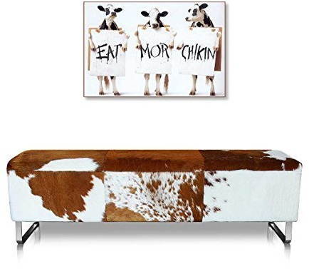 Panca in pelle di mucca (vero) in pelliccia di mucca, marrone, bianco o nero, base in acciaio inox, lunghezza 150 cm