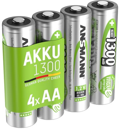 ANSMANN Piles AA 1300 mAh NiMH 1,2 V rechargeables (lot de 4) – Piles rechargeables pour téléphone sans fil, babyphone, talkie-walkie, etc. – Accumulateurs AA livrés pré-chargés