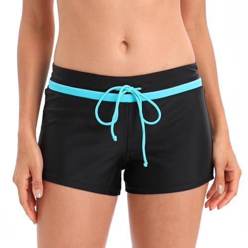 Tmaza Badeshorts Damen Badehose Frauen Schwimmshorts UV Schutz Schwimmhose Schnelltrocknende Kurze Boardshorts mit Innenslip für Strand Surf Beach, Schwarz+Blau 42-44=Etikettgr.L