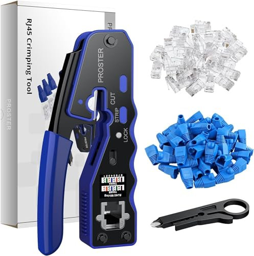 RJ45 Crimpzange Proster Netzwerkkabelzange Stecker Netzwerk Werkzeug für RJ45 Cat6 Cat5 Cat5e mit 50 Stück Cat6 Pass-Through Steckverbindern und Schutzabdeckungen, 1 Stück Drahtschneider