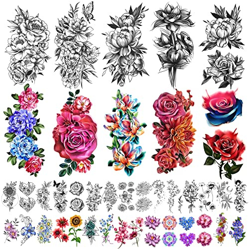 Yazhiji 40 ark Vattentäta tillfälliga tatueringar Stora blommor Collection Varaktiga falska tatueringsklistermärken för kvinnor eller flickor Skönhetsdekoration