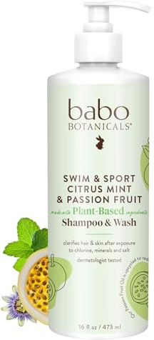 Babo Botanicals Swim & Sport Citrus Mint & Passion Fruit Shampoo & Wash - Purifying Cleanser for hair & body- Aloe & Green Tea - For all ages - Citrus and Peppermint Essential Oils scent - 16 Fl Oz