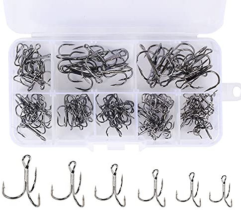 100 STK Angelhaken Drillinge, Drillingshaken Salzwasser, Treble Angelhaken,Drilling Ohne Widerhaken, Drillinge Größe 4, Mit Box, für Salz- und Süßwasserangeln, Größe 2/4/6/8/10/12#