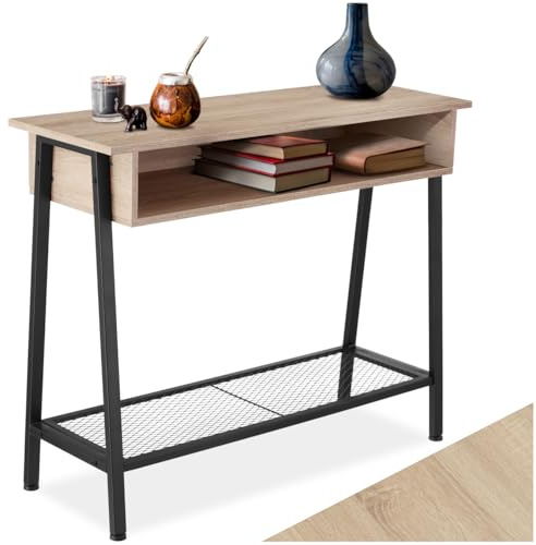 tectake® Tavolo Console, Struttura in Acciaio, Piano in Legno, Ripiano in Reticolato, Piedi Regolabili, Mobile Ingresso, Stile Industriale, Design Moderno - Industriale Legno Chiaro, Rovere Sonoma