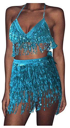Damen Bauchtanz Kostüm Quaste Pailletten Rock Set, sexy Pailletten Tanz Set Neckholder Oberteil Hüfttuch Rock Kostüm Anzüge, Fransenrock Club Latin Indian Belly Dance Rave (Light Blue, One Size)