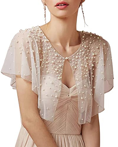 Mopmap Capas de boda con perlas, chal, para novia, vestido de noche, chamarras, bolero, para fiesta formal, Off White With Pearl, Talla única