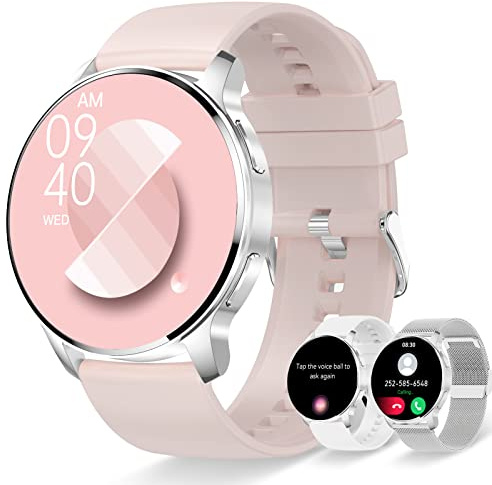 Orologio Smartwatch Donna Chiamata e Notifiche Messaggi 3 Cinturini Orologio Digitale per Assistente Vocale Fitness Orologio con Contapassi Cardiofrequenzimetro Sonno SpO2 Smart Watch per Android iOS