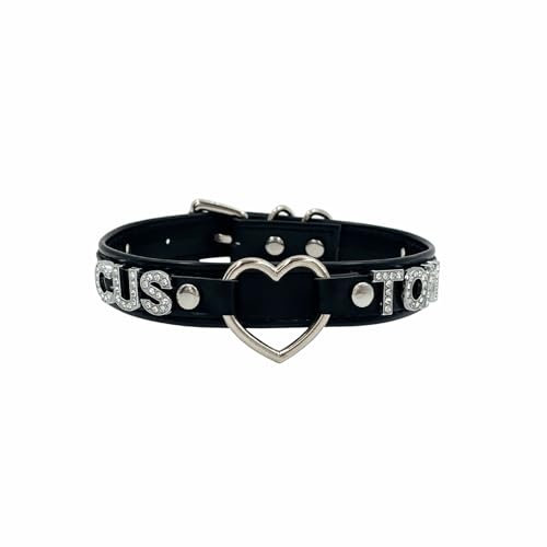 ADEMISHIA Kundenspezifisches schwarzes Choker-Halsband für Frauen, personifizierte Namens-Halskette-Punk-gotisch-veganer Lederschmuck mit Strass-Buchstaben (Herz-Kropfband)