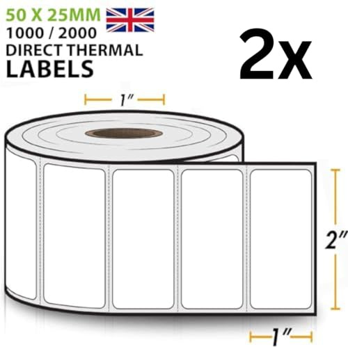 2X 2 x 1 50mm x 25mm Direct Thermal Self-Adhesive Labels - Perforated UPC Barcode FBA, 2 Rolls, 2000 Labels Total, Compatible with Rollo & Zebra Desktop Printers