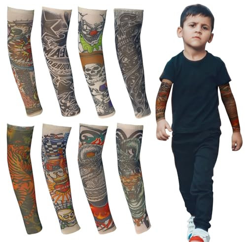 TSHAOUN 8 PCS Manches de Tatouage pour Les Enfants Couvre-manches pour Tatouages de Bras, Tatouage Temporaire Manchettes de Bras Faux Tatouage Tatoo pour Punk Cool Enfant Halloween (8PCS)
