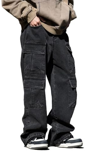 Baggy Cargo Jeans Men Teen Boys Casual Loose Jeans Flap Pockets Y2k Denim Pants 90s Hip Hop Streetwear, Black, Large