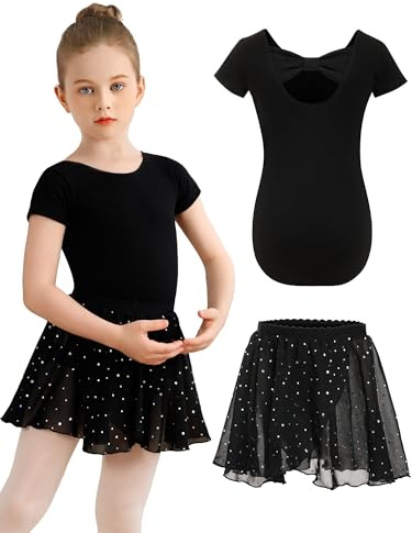 Eisnnu Vestiti da Balletto per Ragazze Body Danza Ginnastica Maniche Corte Bambina con Gonna Scintillante Chiffon Rimovibile 2-11 Anni (IT, Numero, 130, Regular, Nero)