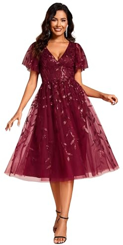 Ever-Pretty Vestido de Invitada de Boda Cuello en V Tul de Lentejuelas Mangas con Volantes para Boda Fiesta Burdeos 50