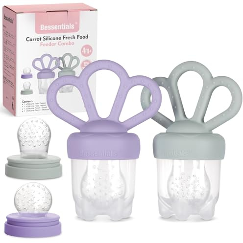 Bessentials Comedero de frutas frescas para bebé de zanahoria y 2 comederos de malla de silicona, autoalimentación segura para bebés, incluye 3 tamaños de bolsas de alimentos, apto para bebés de 4