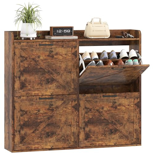 HOMCOM Mueble Zapatero de 4 Puertas Zapatero Estrecho con Estantes Ajustables Estilo Industrial para 24 Pares de Zapatos hasta Talla 46 para Recibidor Entrada 120x24x103 cm Marrón Rústico