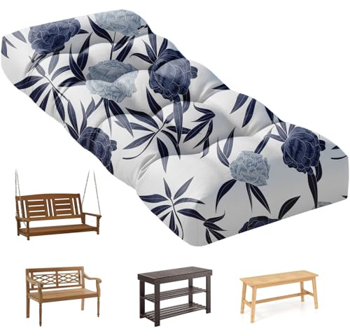 widesmile Thickened Waterproof Outdoor Bench Cushion for Patio Furniture, Long Time Color Fastness Patio Porch Swing Replacement Seat Pad with Ties for Patio Porch Chair, 105 x50 CM, Blue Enchantress