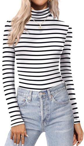 Zeagoo Maglietta Donna Maniche Lunghe Collo Alto T Shirt Righe Slim Fit Autunno Invernale Top Casual Basic Termica Camicetta Righe S
