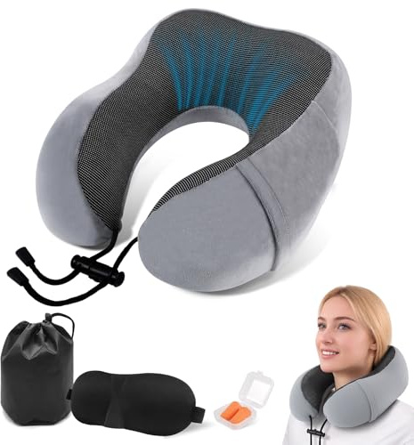 ARTREE Almohada de Viaje para Cuello Ajustable - Cojín Cervical con Sistema de Cinta Reguladora, Espuma Memoria Portátil para Avión/Coche, Incluye Funda + Bolsa