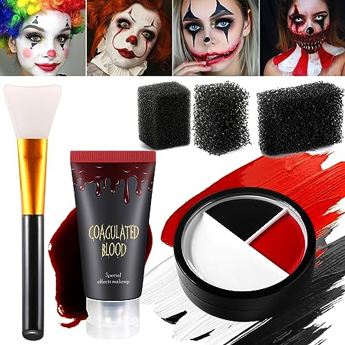 Afflano Maquillage Clown Effrayant Halloween Peinture Visage Faux Sang Kit, Peinture Visage Rouge Noir Blanc pour Enfant Costume Cosplay Gothique Squelette Zombie Vampire Peinture Corporelle à l'Huile