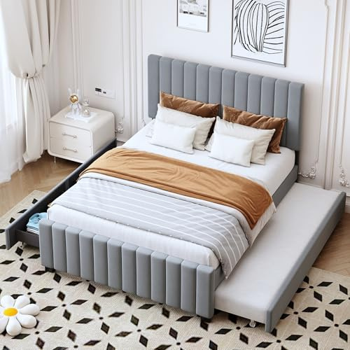 Soweiz Cama tapizada de 140 x 190 cm con cama nido, con dos cajones, cama doble plana en tela de terciopelo agradable a la piel, para niños, cama de invitados, color gris