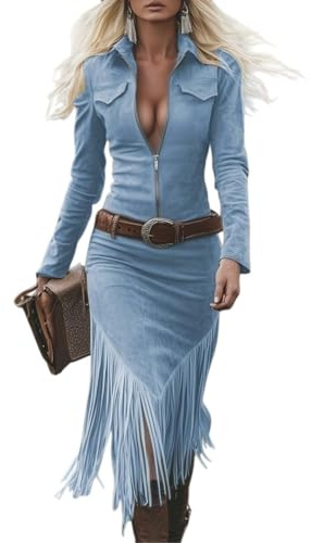 Western Style Dresses for Women UK Long Sleeve Suede Bodycon Dress with Belt Elegant Lapel Fringe Dress Vintage Western Cowboy Dresses (Blue, M)