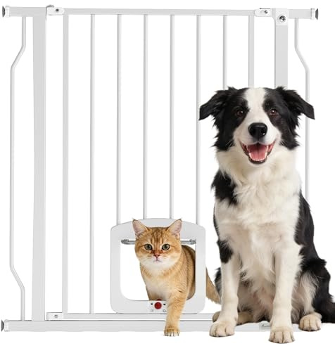 PawHut Barrera de Seguridad para Perros Extensible 75-85 cm, para Puertas y Escaleras, Barrera para Perros con Puerta Pequeña, Montaje a Presión, Doble Bloqueo, Blanco