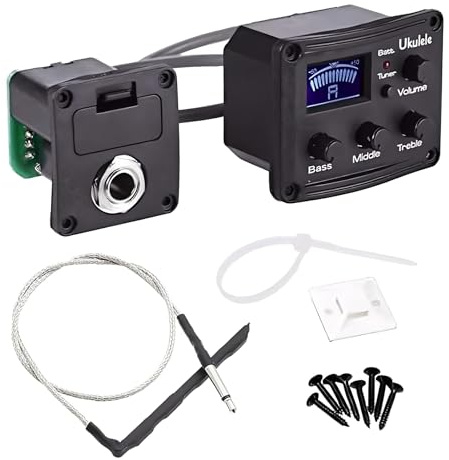 RuiJOTWAT Ukulele-trebands-pickup, EQ, liten fyrsträngad gitarrförstärkare med LCD-skärm, equalizer, stämapparat
