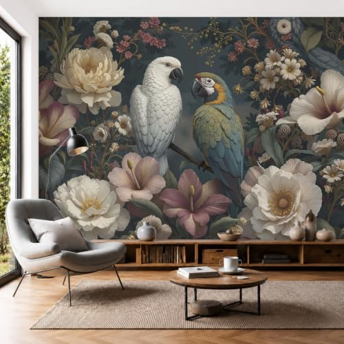 Papel Tapiz Fotográfico 3D Loros Peonías Blancas Hojas 300 × 210 cm Papel Pintado Panorámico, Estilo Retro Tropical Floral Aves Murales Decoración Pared Moderna para Cuarto de Niño, Salón, Oficina