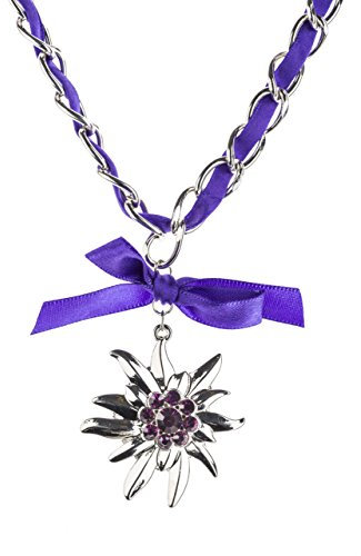 Collier de costume traditionnel noeud de pré – Edelweiss avec ruban en satin – Plusieurs couleurs – Élégante chaîne à maillons pour Dirndl et pantalon en cuir – Collier pour chemisier traditionnel - Violet - Taille unique