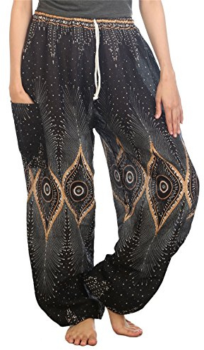 Lofbaz Damen Kordelzug Diamant Harem Boho Genie Hose Schwarz M