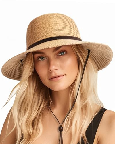 FURTALK Womens Wide Brim Sun Hat with Wind Lanyard UPF Summer Straw Sun Hats for Women Khaki