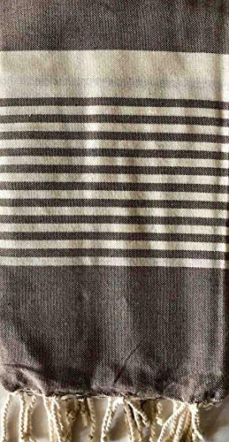 Serviette de plage Tunisino Multy Rayures 100 % coton avec Frange Tissu Sauna Hammam (Marron)