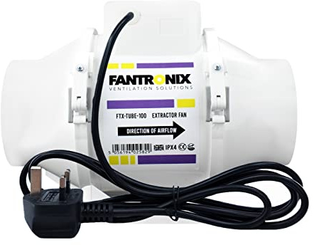 Fantronix 100 mm (4”) Inline Extractor Fan with UK Plug – Powerful Bathroom & Grow Room Ventilation Fan, Energy Class E