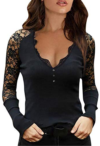 Onsoyours Femmes Solide sans Bretelles Col V Manches Longues T-Shirt en Dentelle Tops Blouse Hauts Pullover C Noir XXL