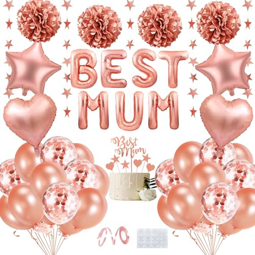 Globos Decoración para Dia de la Madre, Decoraciones Fiesta Oro Rosa con Adorno Tarta, Letra Best Mum Globos, Globo Lámina Estrella y Corazón, Pompones para Mujere Suministros Fiesta Cumpleaños
