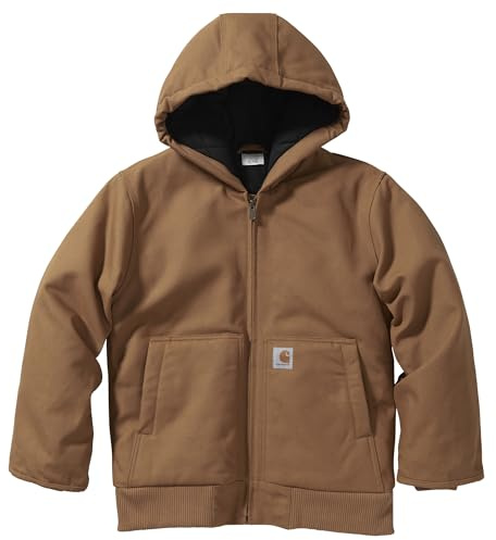 Carhartt Boys' Flannel-Lined Hooded Canvas Insulated Zip-Up Jacket, Carhartt Brown, Large (14/16)