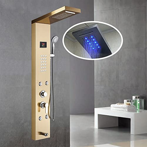 ANXYYDS Shower Panel Column Tower 6 Function Shower System LED Waterfall Rainfall Shower Head+Hand Shower+4 Massage Jets +Bath Spout 304 Stainless Steel,Gold