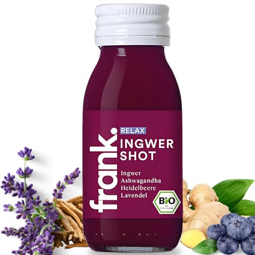 FRANK Relax Bio Ingwer Shot | 14 x 60 ml Ingwershot Flaschen | Ingwersaft mit Heidelbeere und Lavendel in Premium Qualität | Vegan | Nachhaltig im Glas | ohne Konservierungsstoffe