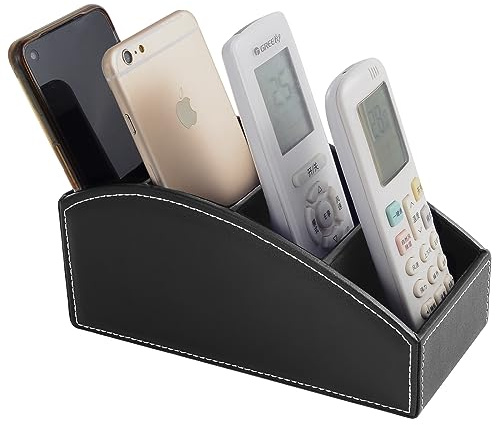 XNONE Organizer in pelle per telecomando con 4 scomparti, multifunzione, organizer da comodino e scrivania, organizer da scrivania con portapenne per penne, occhiali, cellulari, trucco, nero