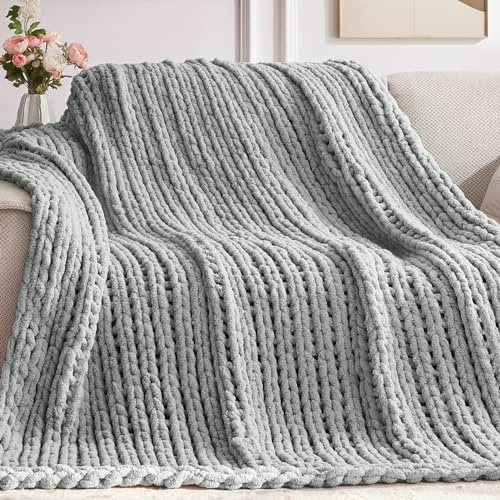 Negwoo Tjock stickad filt, 102 cm x 127 cm stickade överkastfiltar för sängsoffa, handgjord ljusgrå virkad filt, maskintvättbar söt bekväm filt för heminredning