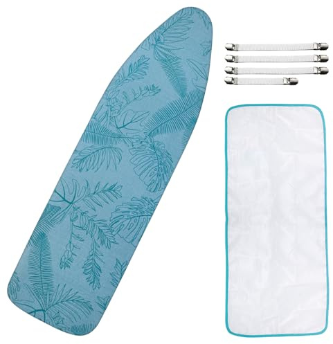 Ironing Board Cover and Pad, Standard Size 15x54 Iron Board Cover with Padding, Scorch & Stain Resistant Thick Iron Padded, Non-Slip Elastic Edge & Fasteners Clips for Daily Ironing, Tropical