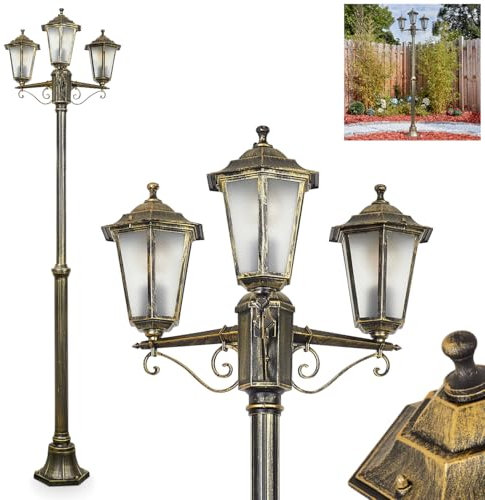 Kandelaber Loria, Außenwegeleuchte aus Metall/Glas in Gold/Braun/Milchglas, klare Wechselscheiben, Leuchte im Antik/Vintage-Design für Garten/Terrasse/Hof, Höhe 200cm, 3x E27, ohne Leuchtmittel, IP44
