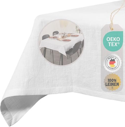 chambry Tischdecke 100% Leinen Stonewashed - Handarbeit Made in Germany - Größe und Farbe wählbar - hochwertige und nachhaltige Tischwäsche aus Naturmaterial - Weiß 130cm x 240cm