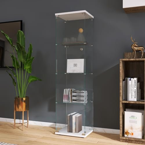 JDEFARF Vitrina de Cristal con 4 Estantes - Vitrina Expositora Blanca para Colecciones, Estantería de Pie para Sala de Estar y Dormitorio - Moderna y Elegante para Decoración y Almacenamiento