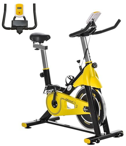 HOMCOM Vélo d'appartement, vélo de fitness, avec écran LCD multifonctions, vélo d'intérieur, selle et guidon réglables, acier, noir et jaune